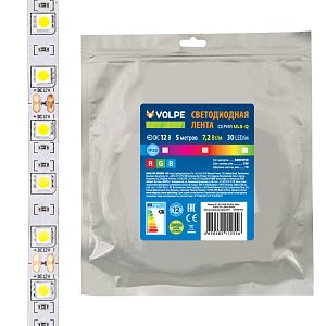 Светодиодная лента Volpe ULS-Q210 5050-30LED/m-10mm-IP20-DC12V-7,2W/m-5M-RGB катушка в герметичной упаковке