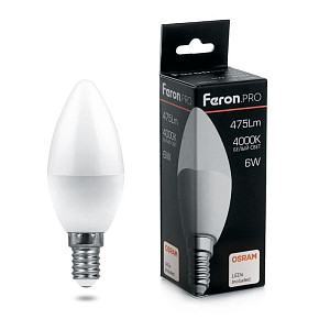 Лампа светодиодная Feron E14 6W 4000K свеча матовая LB-1306 38045
