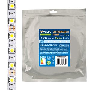 Светодиодная лента Volpe ULS-Q221 5050-60LED/m-10mm-IP20-DC12V-14,4W/m-5M-3000K катушка в герметичной упаковке