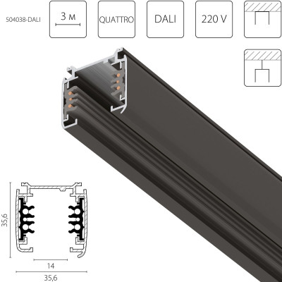 Шинопровод шестиконтактный трехфазный со стыковочными пазами 3м Lightstar QuattroDALI 504038-DALI 11779₽