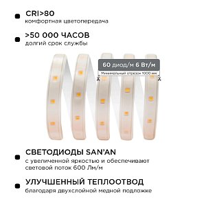 Светодиодная лента Apeyron 220В 6Вт/м smd2835 60д/м IP65 600Лм/м 25м 3000К 10-56