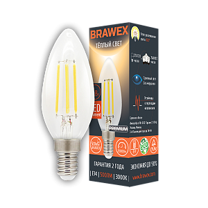 Лампа светодиодная Brawex филамент свеча прозрачная E14 5Вт 3000K 0707G-B35F-5L